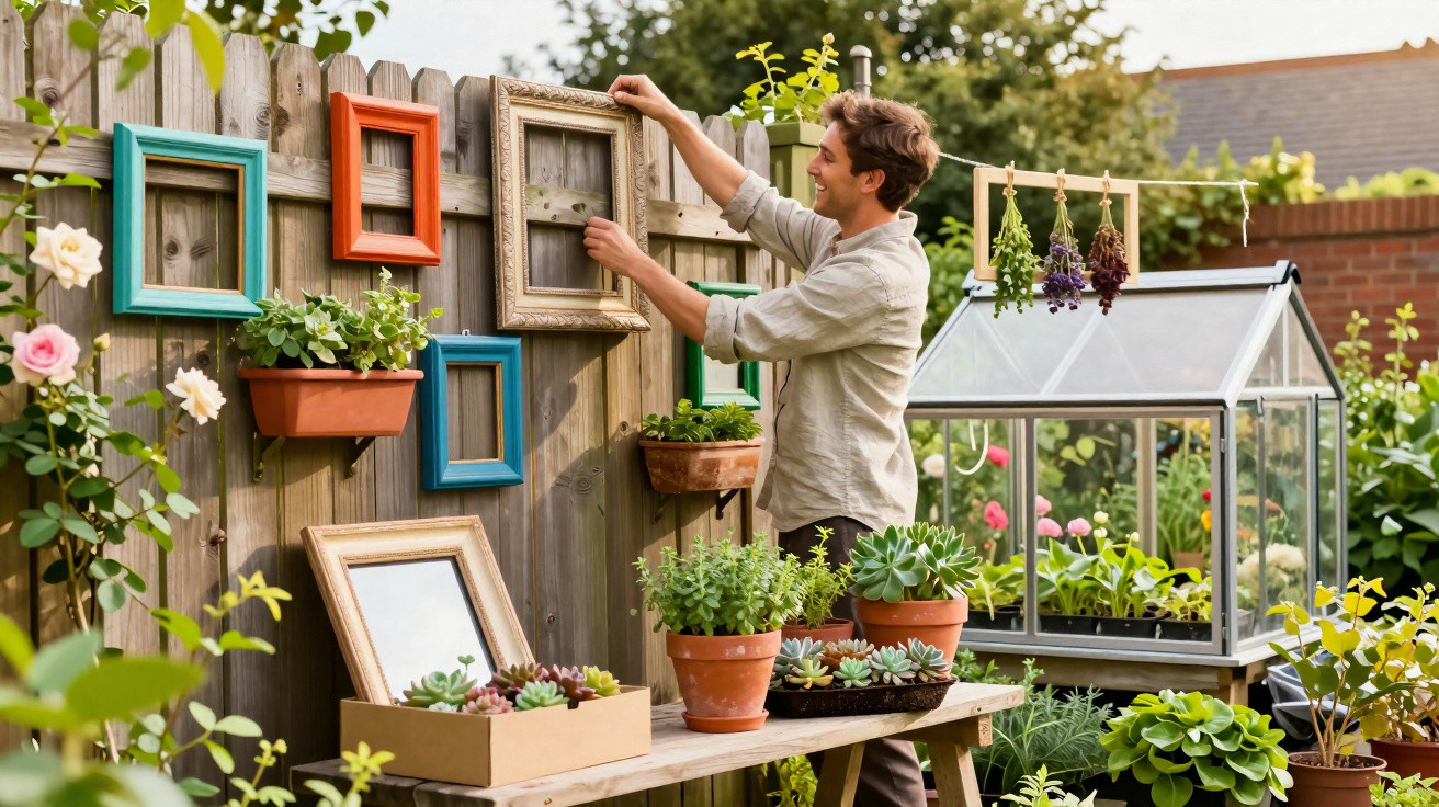 Homem a decorar cerca de madeira com molduras coloridas numa estufa junto a várias plantas.