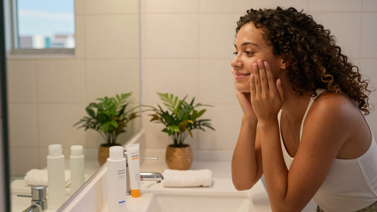 Mulher sorridente a cuidar da pele do rosto em casa, de pé junto a uma pia com produtos de beleza.