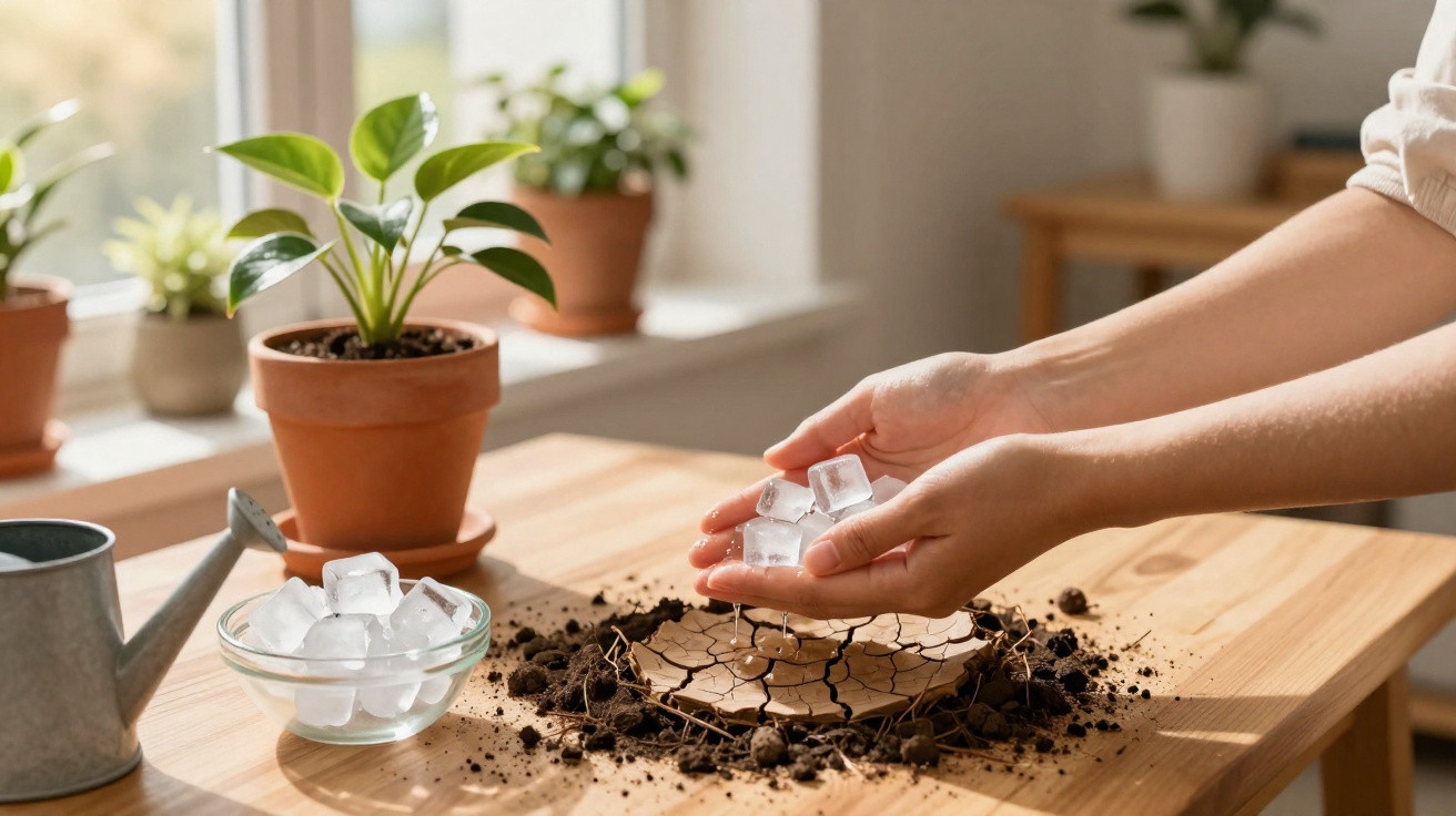 Mãos seguram cubos de gelo sobre terra seca e rachada numa mesa com plantas e regador junto a uma janela.
