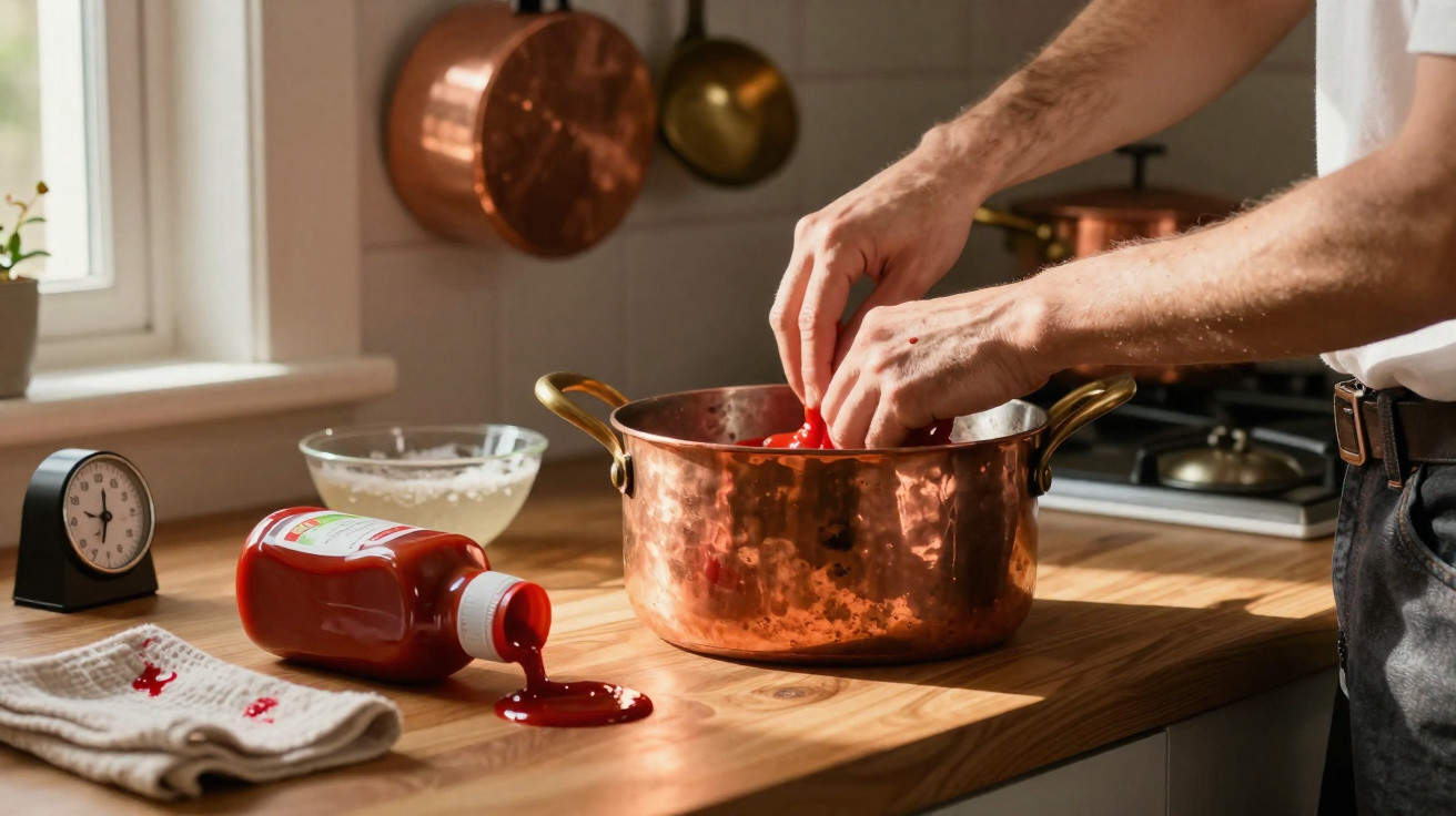 Pessoa a preparar comida com molho de tomate numa panela de cobre numa cozinha iluminada.