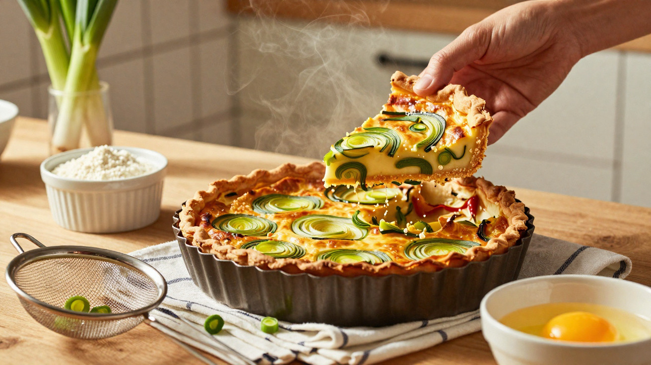 Tarte salgada com courgette, uma fatia sendo levantada de uma tarteira na bancada da cozinha.