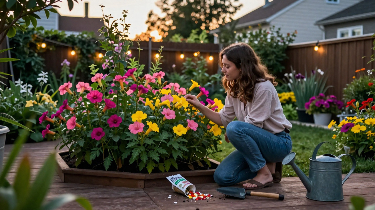 Mulher a cuidar de flores coloridas num jardim ao fim da tarde com regador e ferramentas junto.