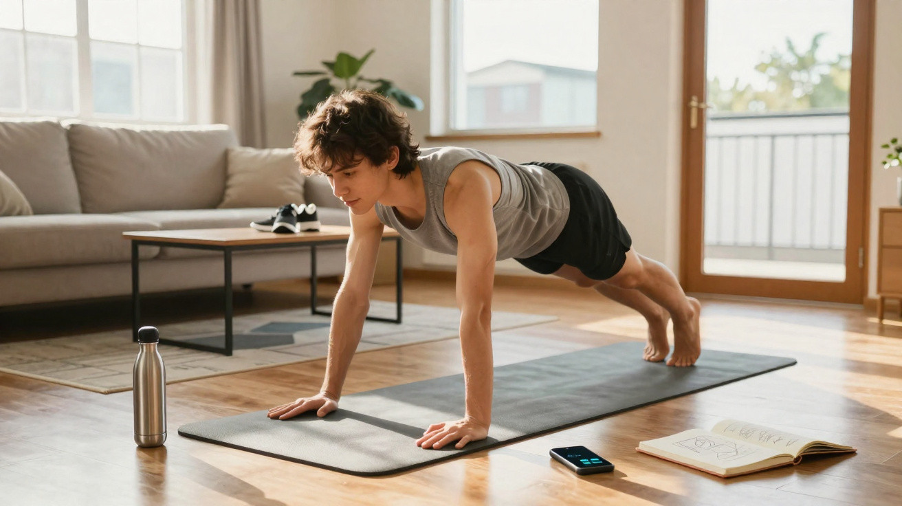 Jovem a fazer prancha em tapete de exercício na sala de estar com garrafa, caderno e telemóvel ao lado.
