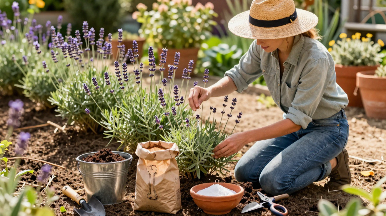 Mulher com chapéu a cuidar de plantas de lavanda num jardim com ferramentas e vasos à volta.