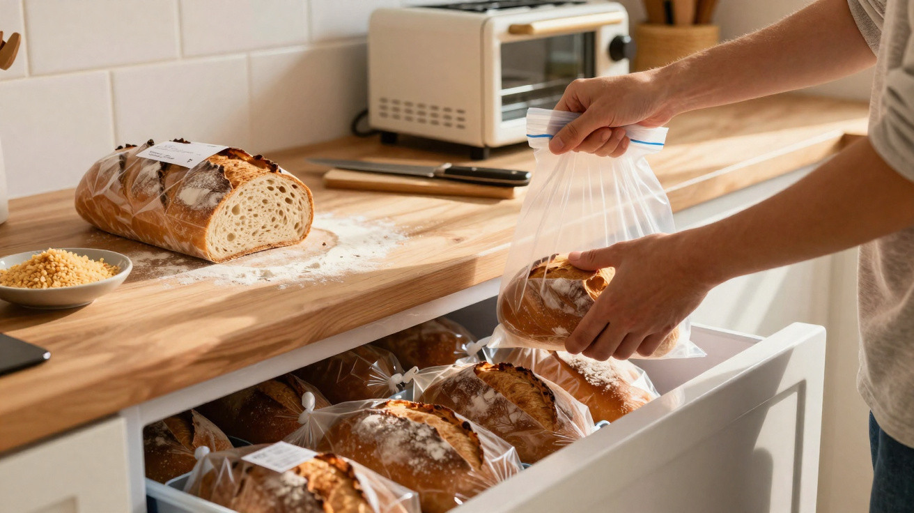 Pessoa a guardar pão fresco em sacos plásticos numa gaveta da cozinha com pão e utensílios no balcão.