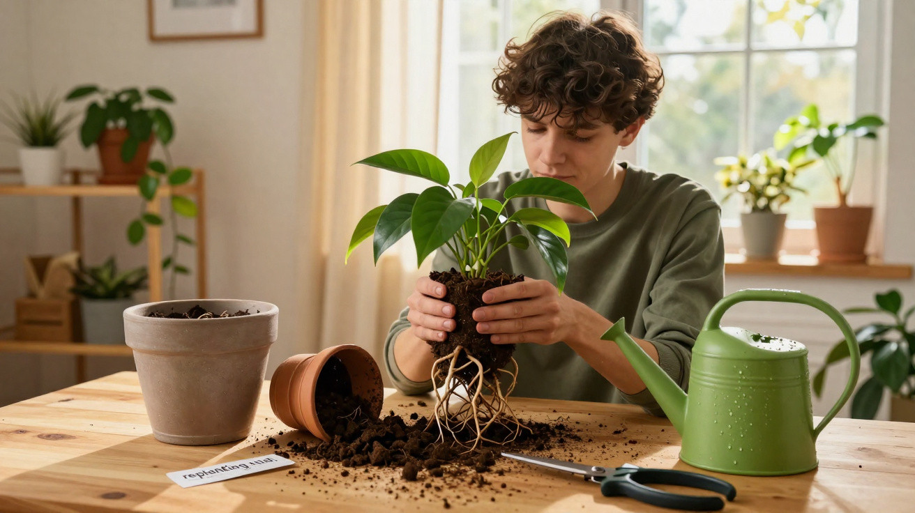Jovem a transplantar planta para vaso maior numa mesa com regador e tesoura, num ambiente interior iluminado.