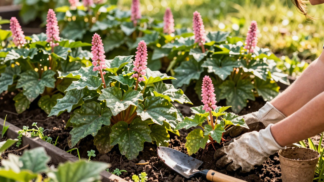 Mãos com luvas a plantar flores cor-de-rosa em canteiros, rodeadas de folhas verdes e ferramenta de jardinagem.
