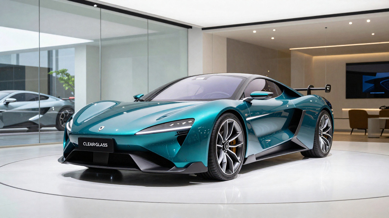 Carro desportivo elétrico azul metálico com design futurista exposto em showroom moderno.