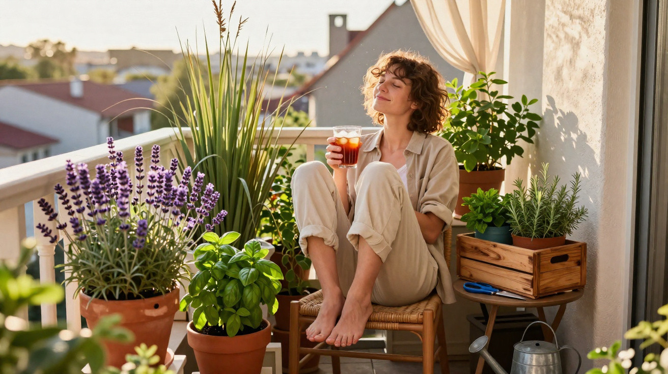 Mulher relaxa numa varanda rodeada de plantas, segurando copo de chá ao pôr do sol.