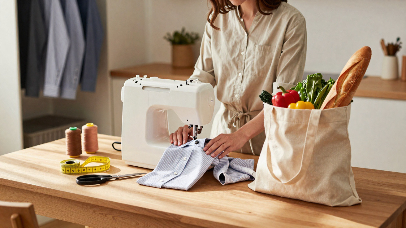 Pessoa a coser uma camisa azul numa máquina de costura sobre uma mesa de madeira, com artigos de costura e saco de compras.