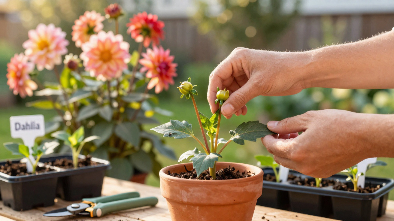 Mãos a cuidar de uma planta jovem num vaso de barro, com flores e ferramentas de jardinagem ao fundo.