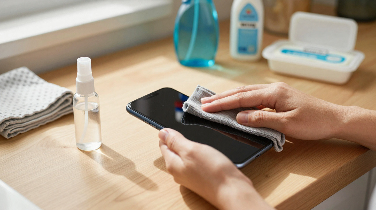 Pessoa a limpar o ecrã de um smartphone com um pano cinzento num ambiente doméstico.