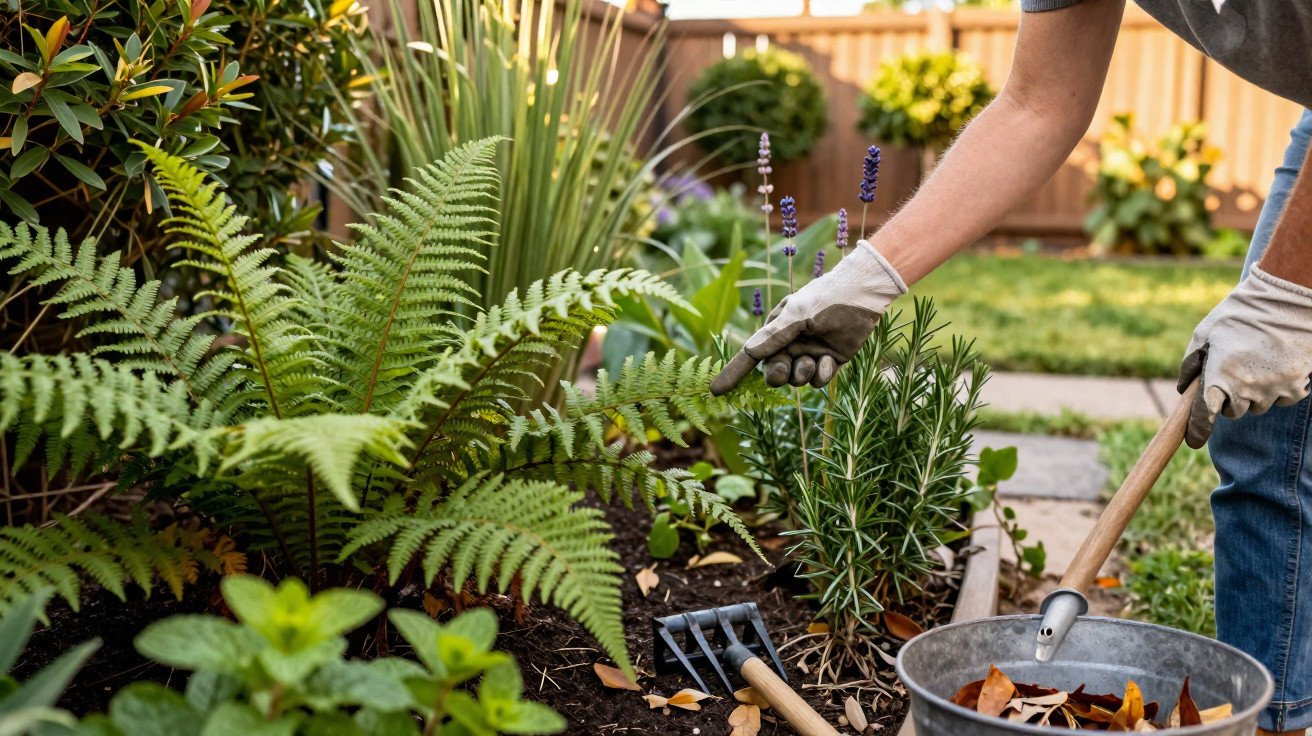 Pessoa a cuidar de plantas num jardim com luvas e ferramentas de jardinagem.