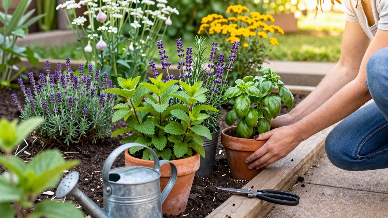 Pessoa a cuidar de plantas aromáticas em vasos num jardim com regador e tesoura por perto.