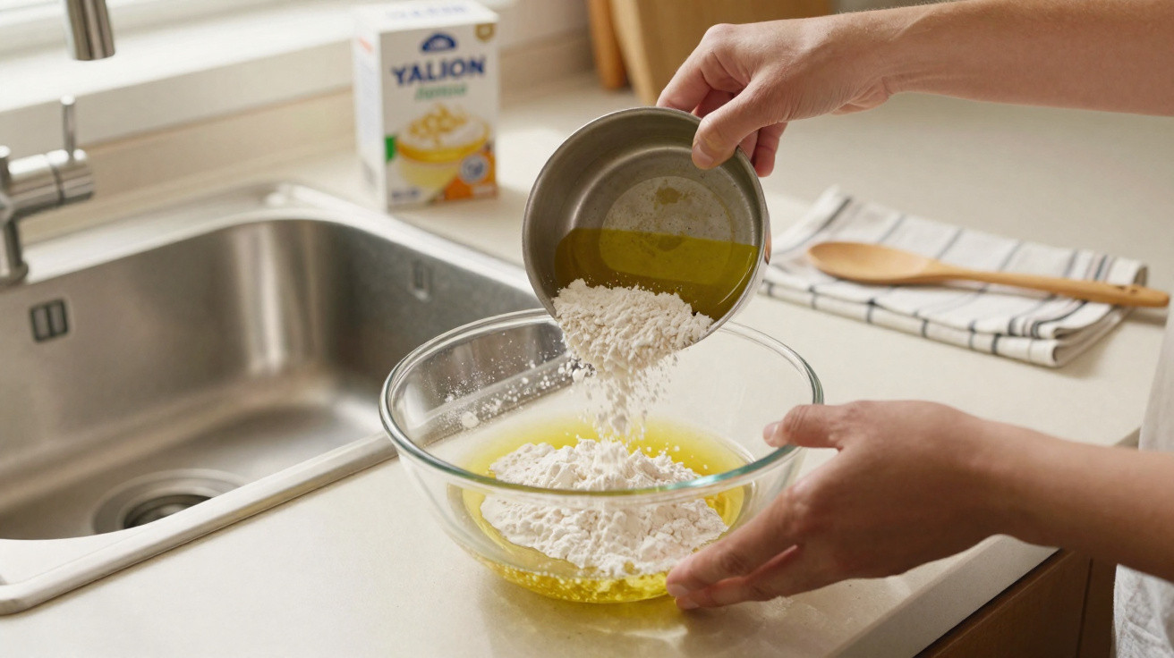 Mãos a verter farinha para uma taça com outros ingredientes na bancada da cozinha junto a lava-loiças.