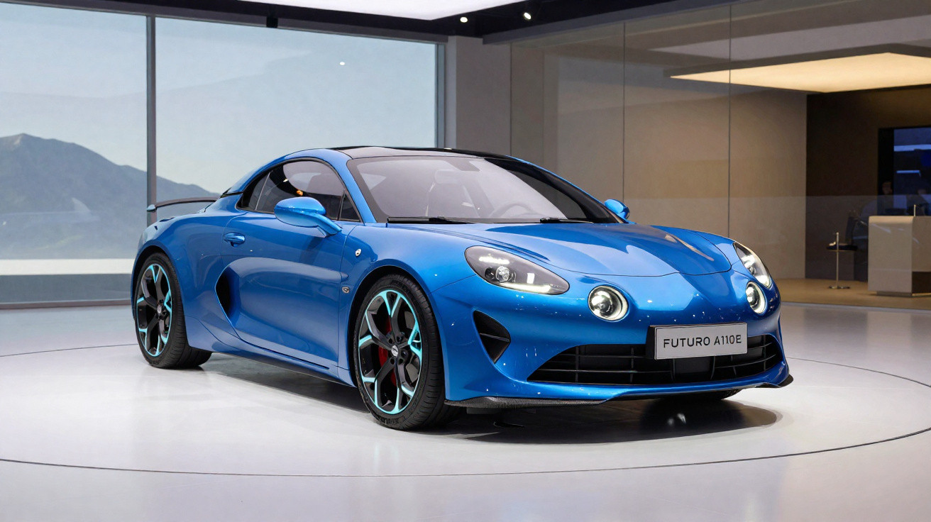 Carro desportivo azul Alfa Romeo Futuro A110E em exposição num espaço moderno e luminoso.