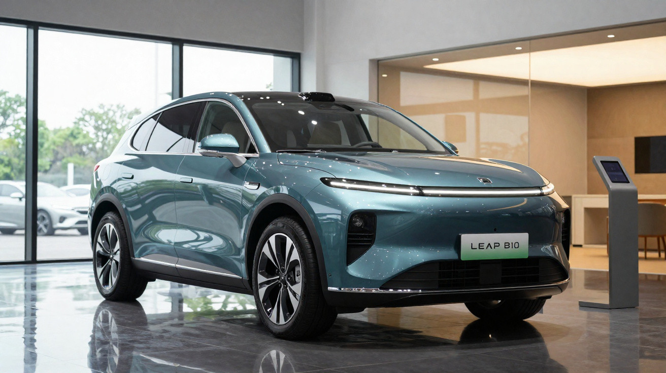 Carro elétrico verde metálico LEAP B10 exposto em salão moderno com grandes janelas e chão brilhante.