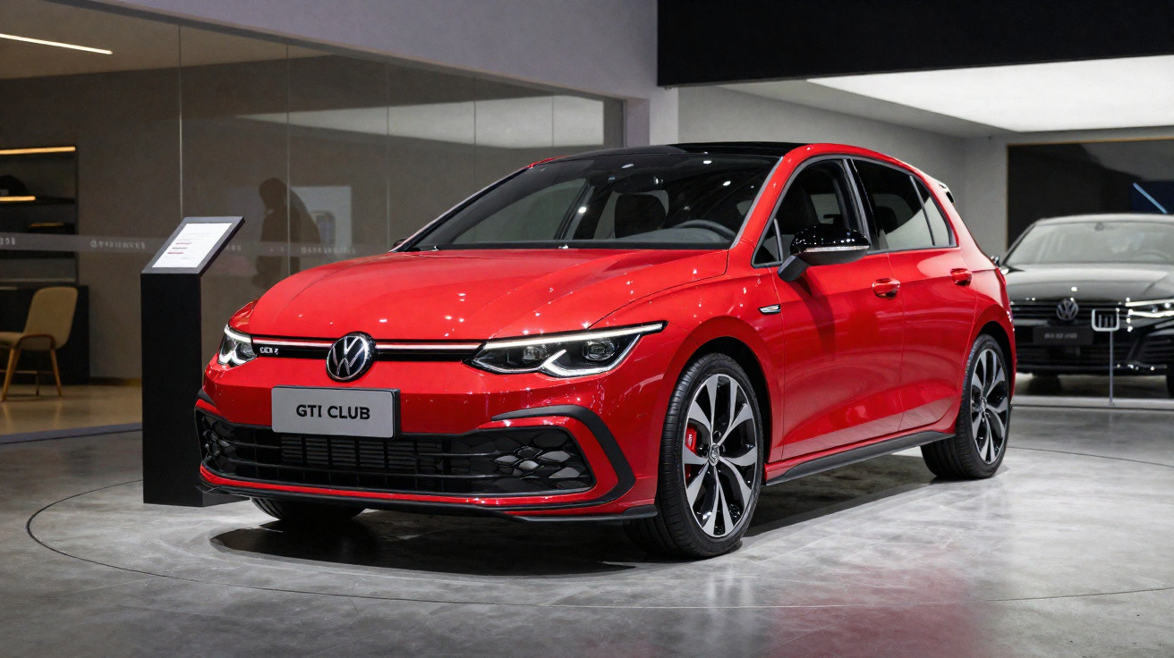 Carro Volkswagen Golf GTI vermelho em exposição numa sala com chão de cimento polido e iluminação moderna.