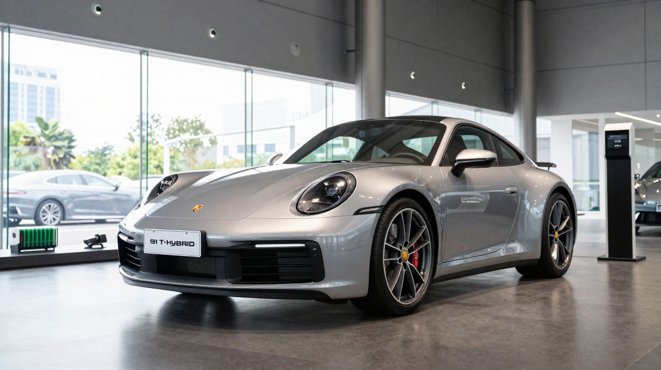 Carro desportivo Porsche 911 T-Hybrid prateado em exposição numa sala moderna com grandes janelas.
