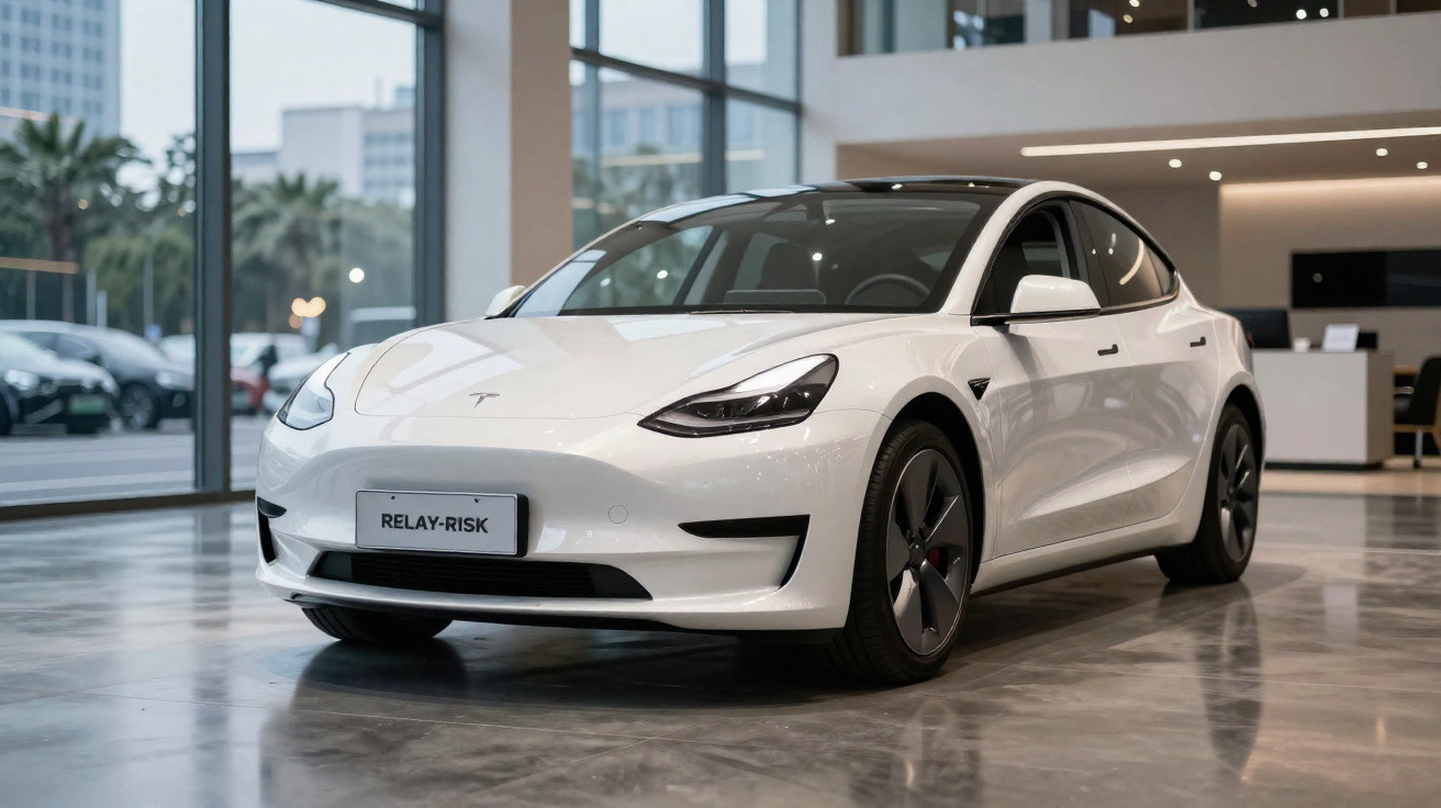 Carro elétrico branco Tesla modelo sedã exibido numa sala de exposição moderna com grandes janelas.