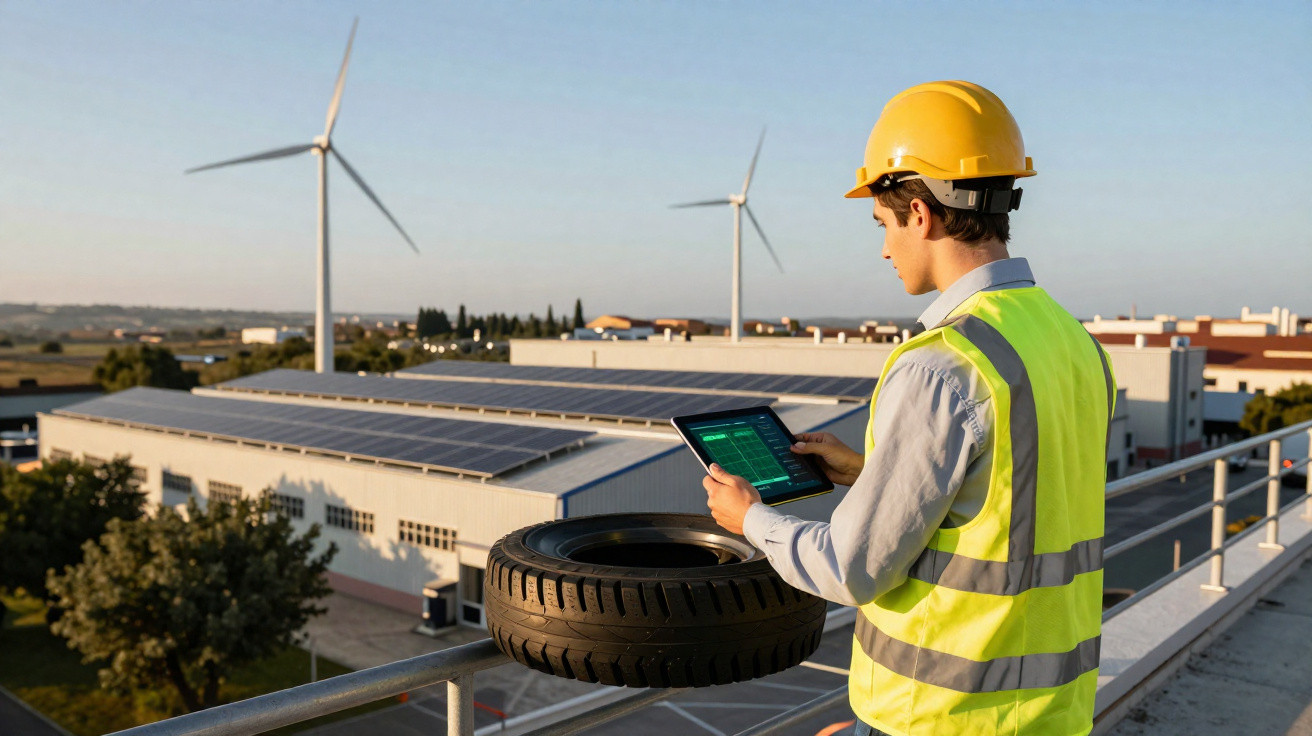 Engenheiro com capacete e colete refletor usa tablet em instalação com painéis solares e turbinas eólicas.
