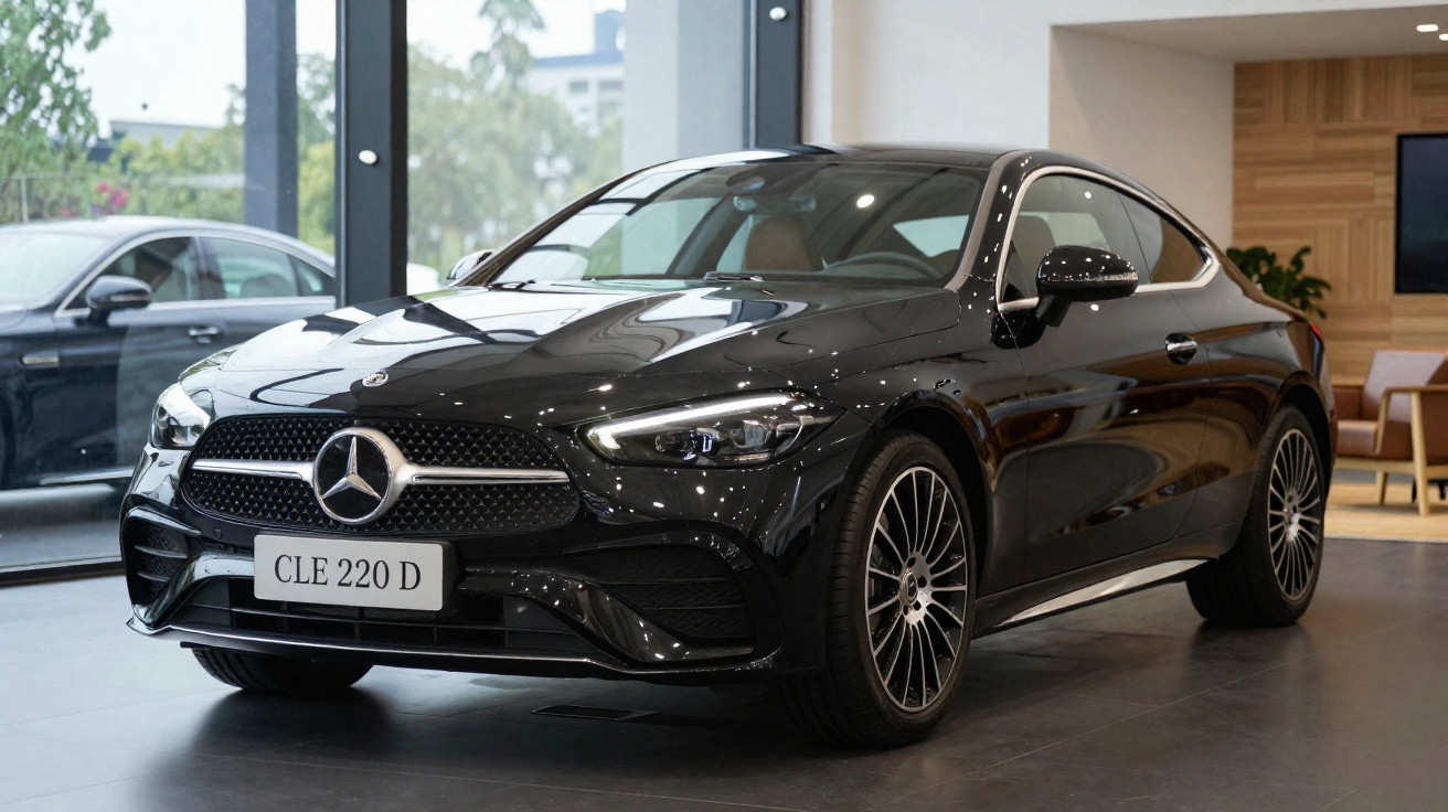 Carro Mercedes-Benz preto modelo CLE 220 D, em exposição numa sala moderna com grandes janelas.