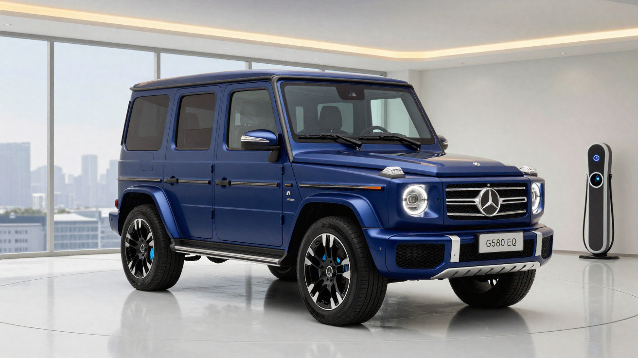 Carro elétrico Mercedes-Benz G580 EQ azul estacionado em salão com carregador ao lado, vista lateral frontal.