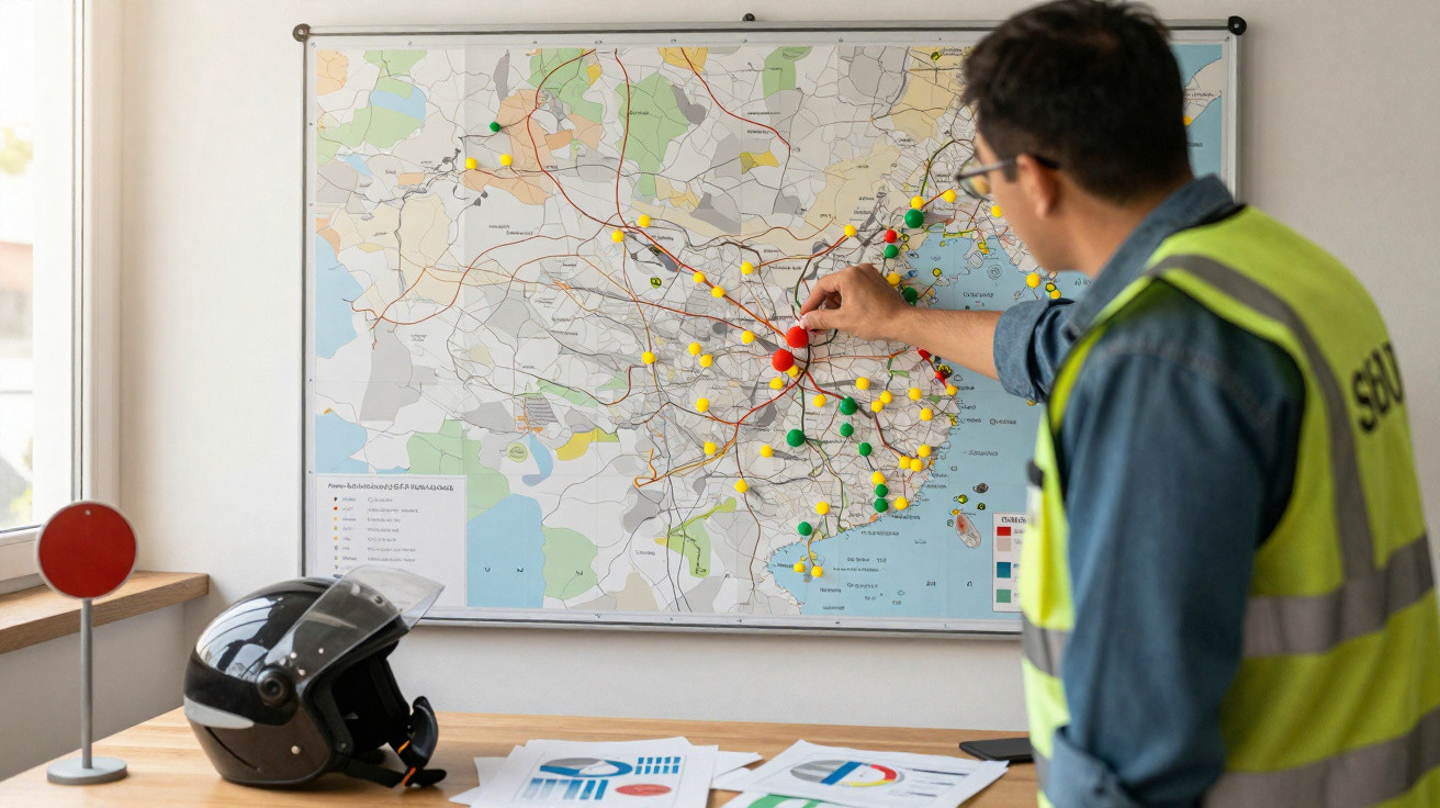 Homem de colete refletor a marcar pontos coloridos num mapa urbano numa sala de escritório.