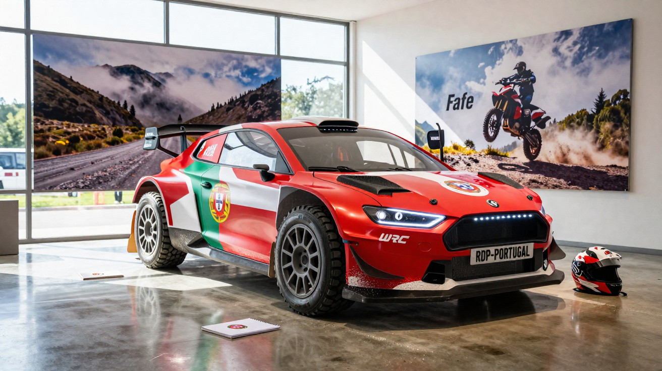 Carro de ralis vermelho com bandeira de Portugal em exposição, ao lado de capacete e fotografias de rally.