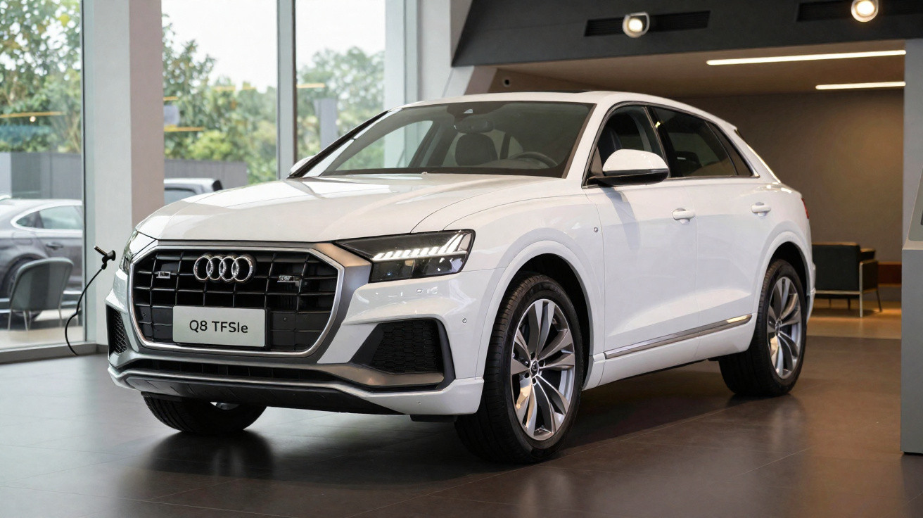 Audi Q8 TFSi e branco estacionado em espaço interior iluminado com grandes janelas e mobiliário moderno.