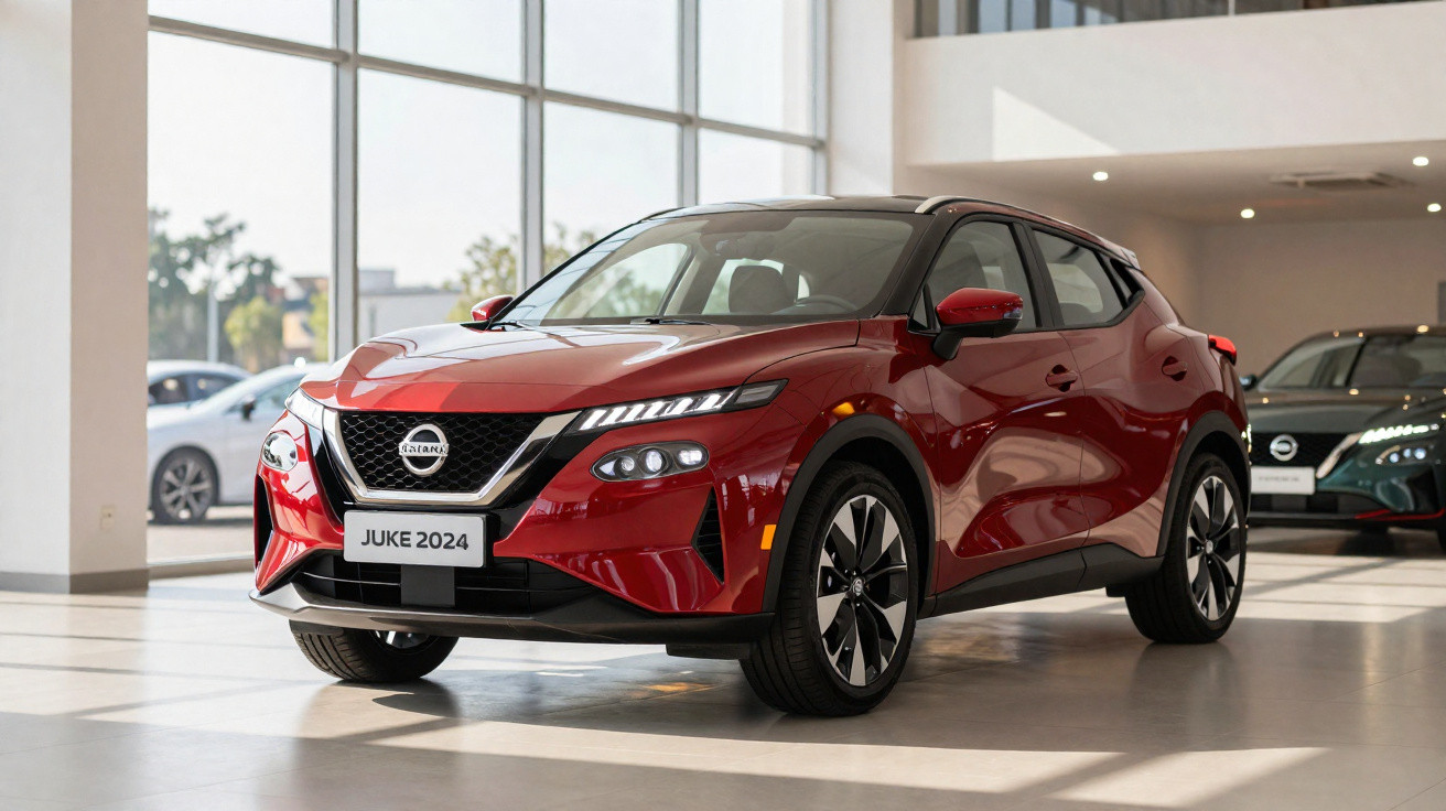 Automóvel Nissan Juke 2024 vermelho exposto numa sala de showroom com janelas grandes.