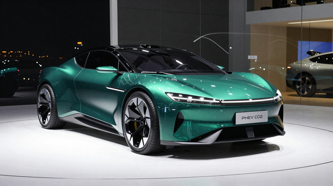 Carro elétrico desportivo verde metalizado exibido em stand moderno com piso branco e fundo escuro.