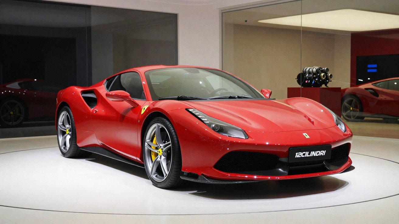 Carro desportivo vermelho Ferrari 812 Superfast exibido em sala de exposição moderna.