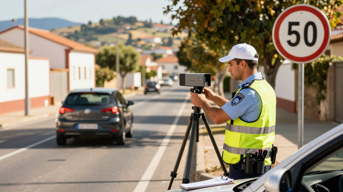 Agente da polícia com colete a usar radar para controlar velocidade junto a sinal de 50 km/h numa rua urbana.