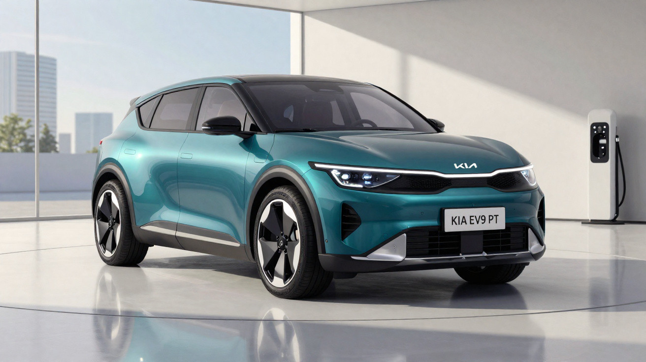 Carro elétrico Kia EV9 azul estacionado em estação de carregamento moderna e iluminada.