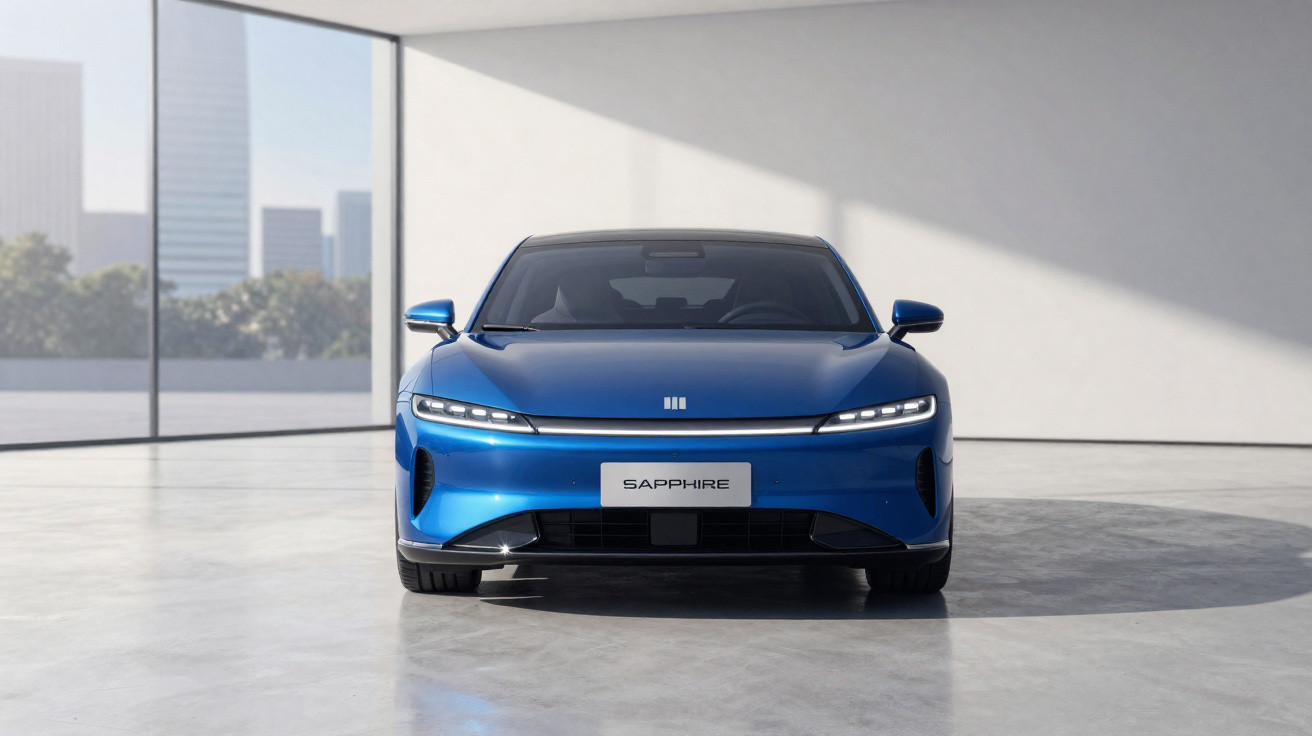 Carro elétrico azul frente a dentro de espaço moderno com grandes janelas e luz natural.