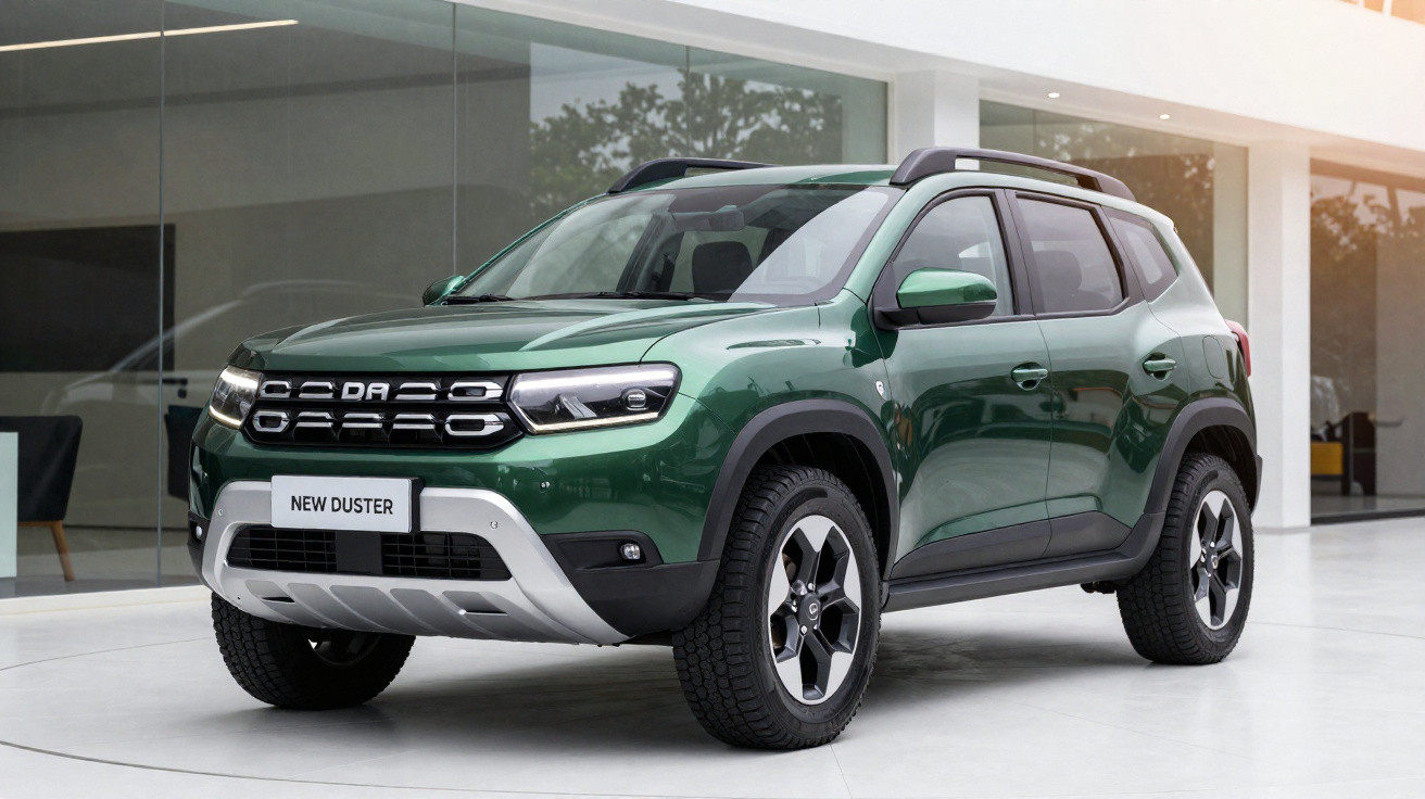 SUV Dacia New Duster verde, estacionado em frente a edifício moderno com fachada em vidro.