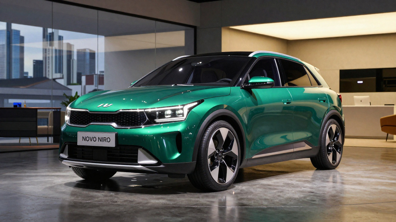 Automóvel SUV verde Novo Niro estacionado em piso de cimento dentro de showroom moderno.