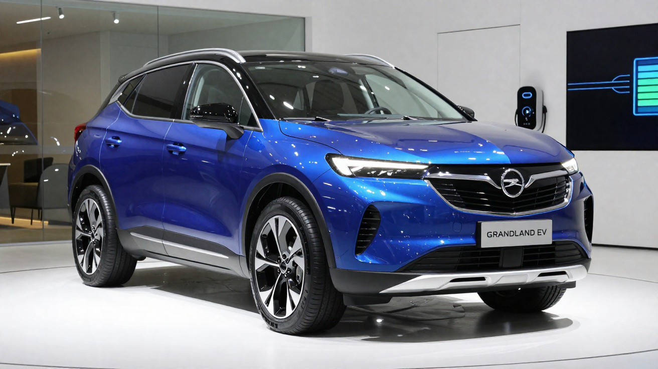 Automóvel azul elétrico Opel Grandland EV exibido em salão de exposições moderno e luminoso.