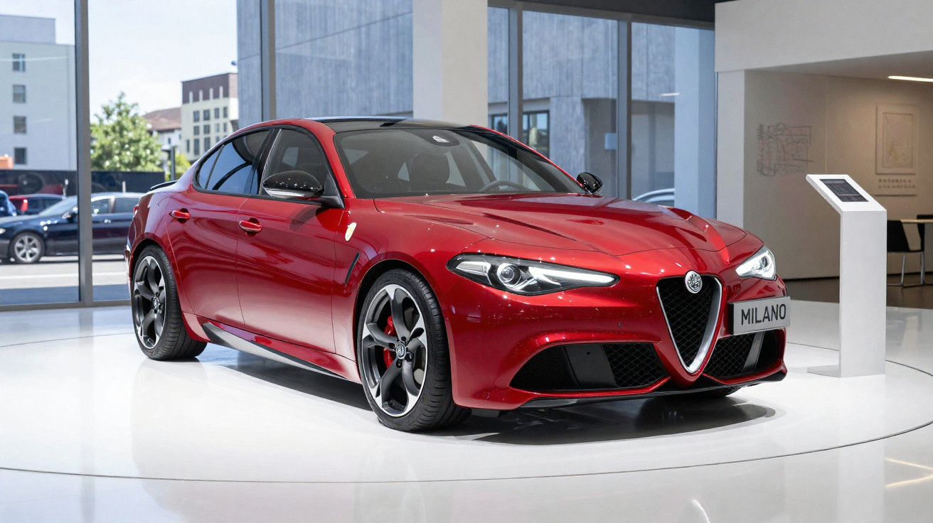 Carro desportivo Alfa Romeo vermelho exposto em salão moderno com placa frontal "Milano".