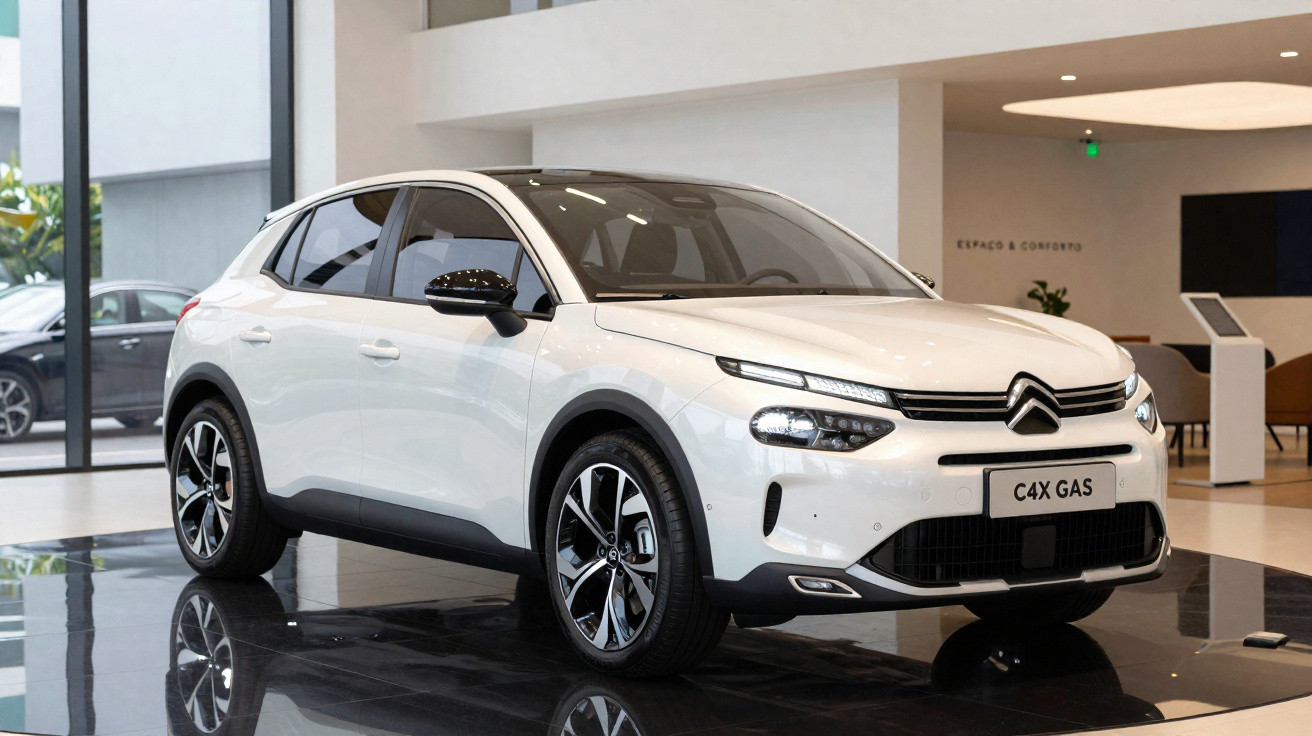 Automóvel Citroën C4X Gas branco exposto numa sala moderna com piso refletor.