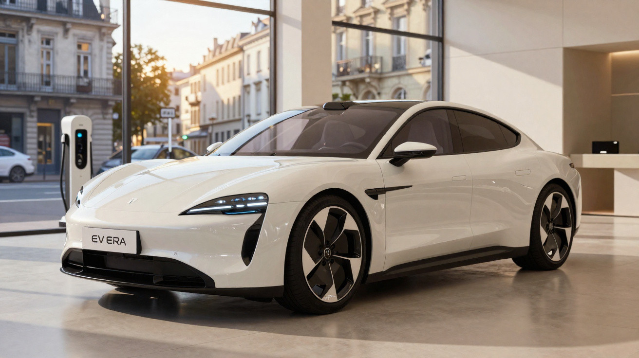 Carro elétrico branco EV Era estacionado num showroom moderno com grandes janelas e poste de carregamento.