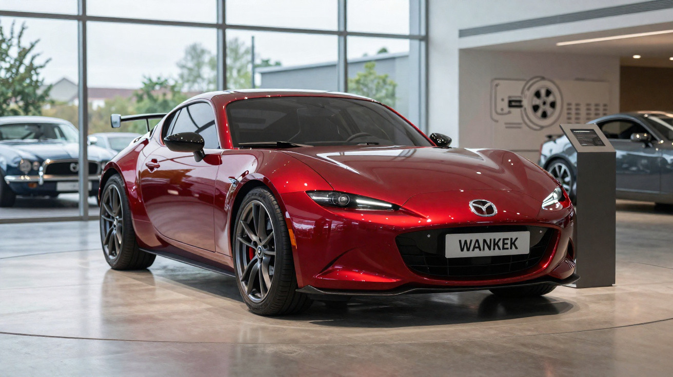 Carro desportivo vermelho Mazda RX-7 exibido em salão moderno com piso de cimento polido.