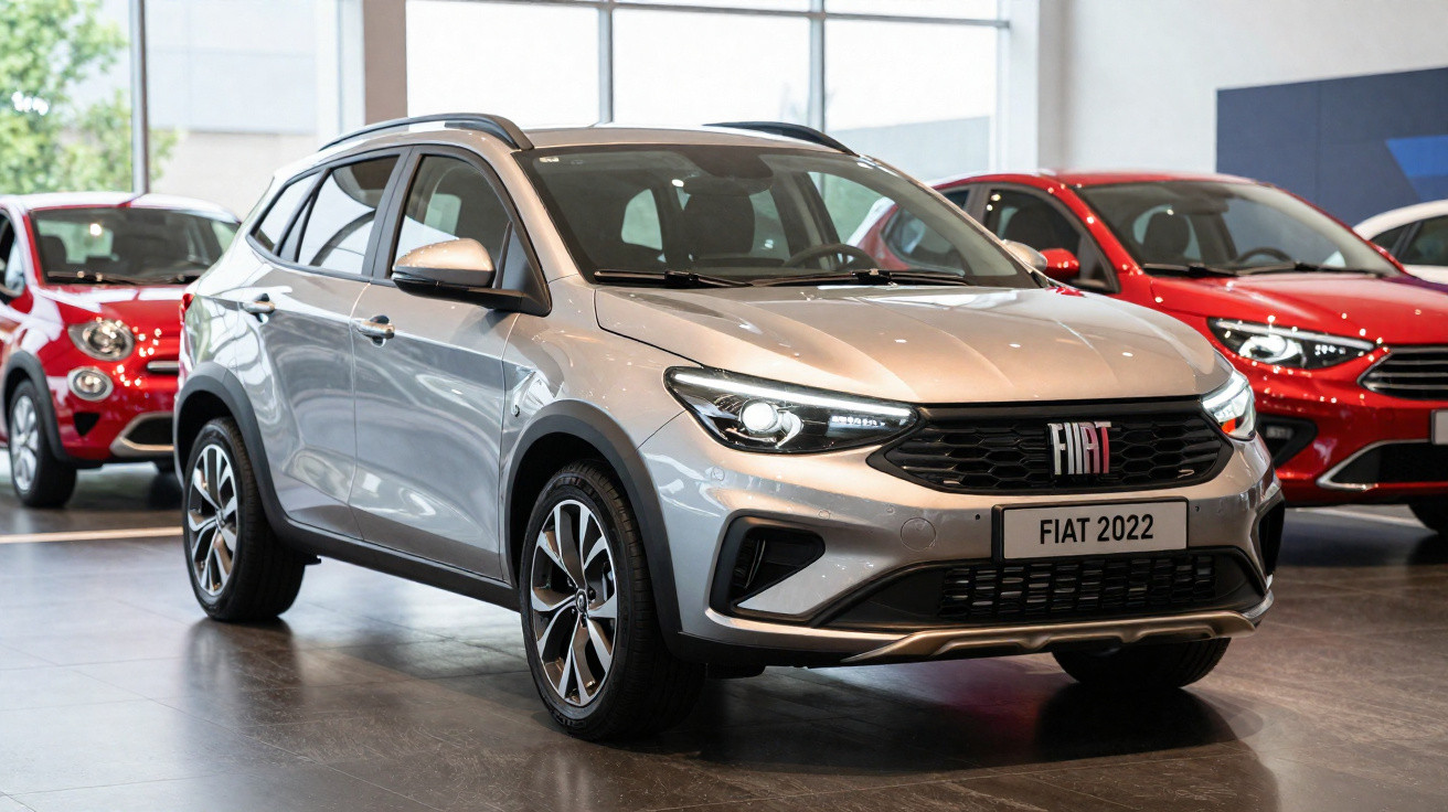 Carro Fiat cinzento 2022 estacionado em salão, com outros carros vermelhos ao fundo.