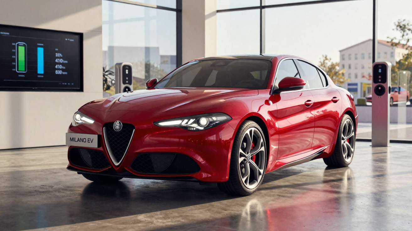 Carro elétrico vermelho Alfa Romeo Milano EV estacionado em showroom moderno com carregadores e ecrã digital.