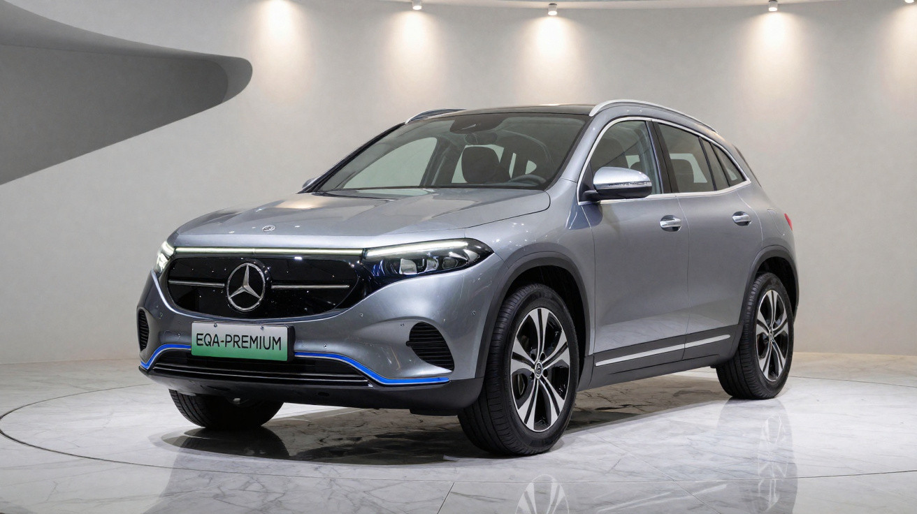 Carro elétrico Mercedes-Benz EQA Premium cinza estacionado num estúdio com iluminação suave.