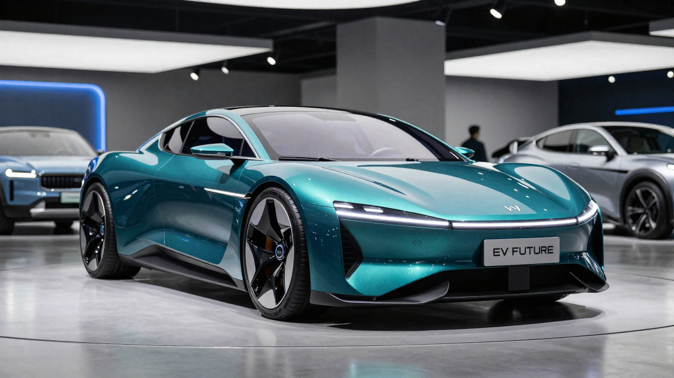 Carro elétrico desportivo verde metálico exposto em salão Automóvel moderno com luzes LED.