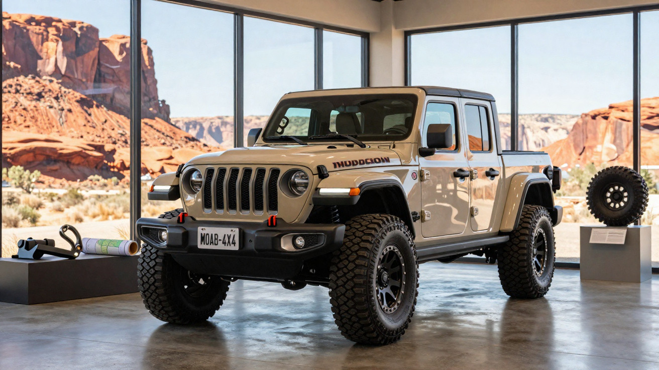 Jeep Gladiator Mojave bege exposto num espaço com janelas grandes e vista para deserto rochoso.