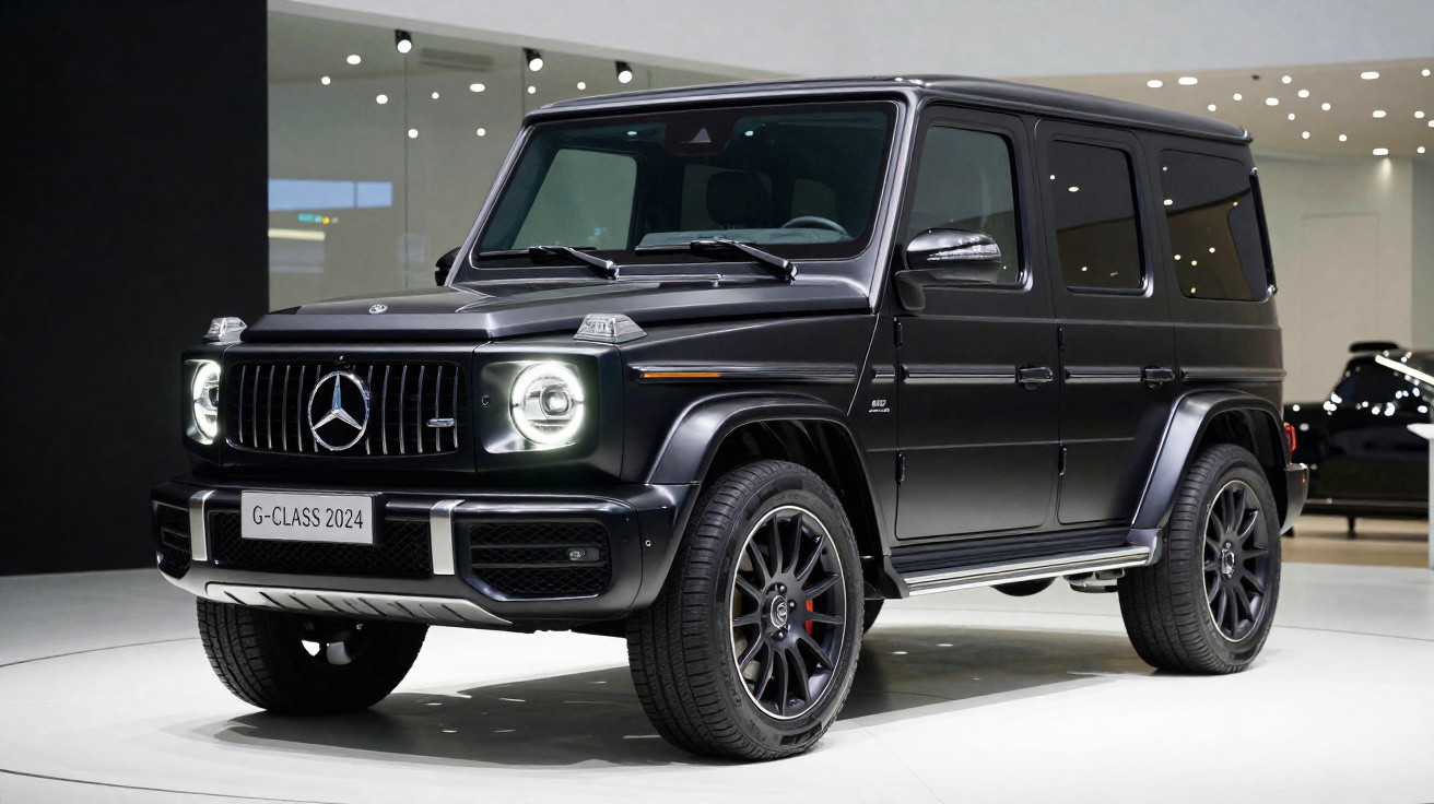 Mercedes-Benz G-Class 2024 preto em exposição, com faróis ligados, num ambiente moderno e iluminado.