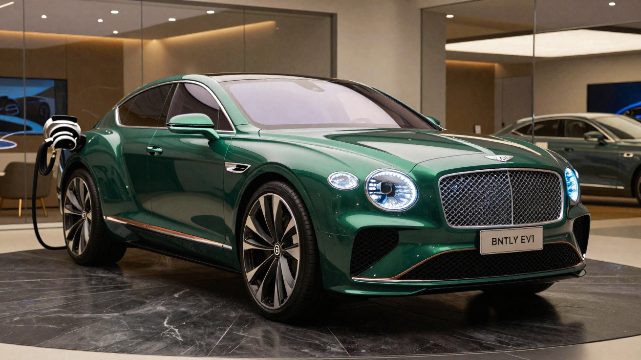 Carro elétrico Bentley verde a carregar numa estação de carregamento interior moderna.